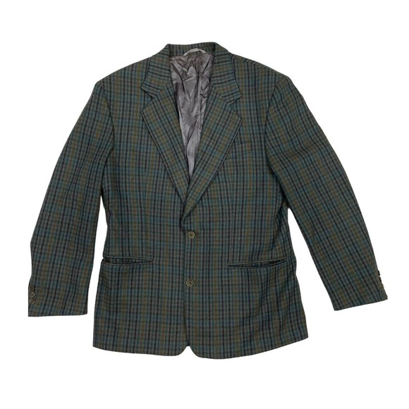 Berloni Blazer Jacket 40R US 52 EUR Wool Blend Plaid Green Blue Brown Vintage - Picture 1 of 10